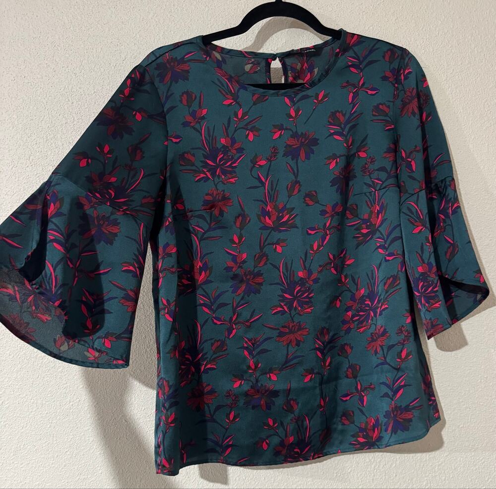 Zac & Rachel M Teal Pink Purple Abstract Floral Flared Sleeve Top Snags